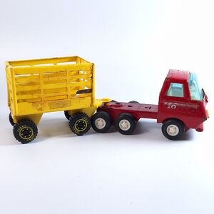 Vintage 1970s Tonka Semi Truck & Livestock Trailer Set Red/Yellow Pressed Steel